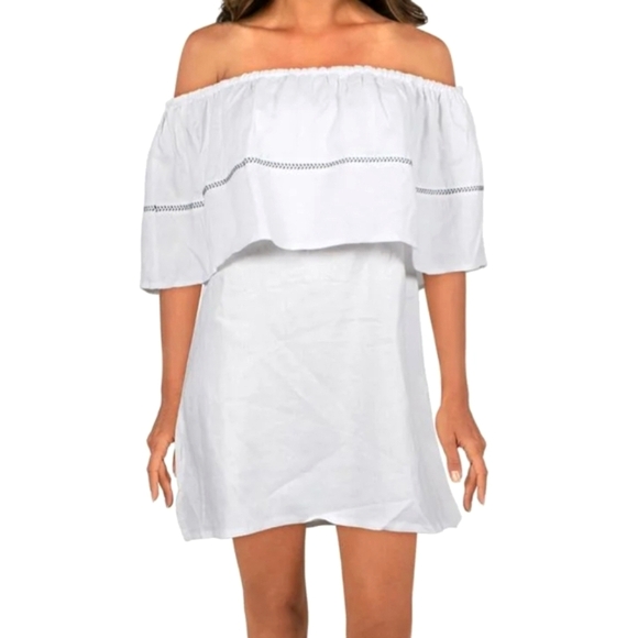 SANCIA Dresses & Skirts - Sancia Riviera White Blue Nautical Off The Shoulder 100% Linen Dress Size Medium
